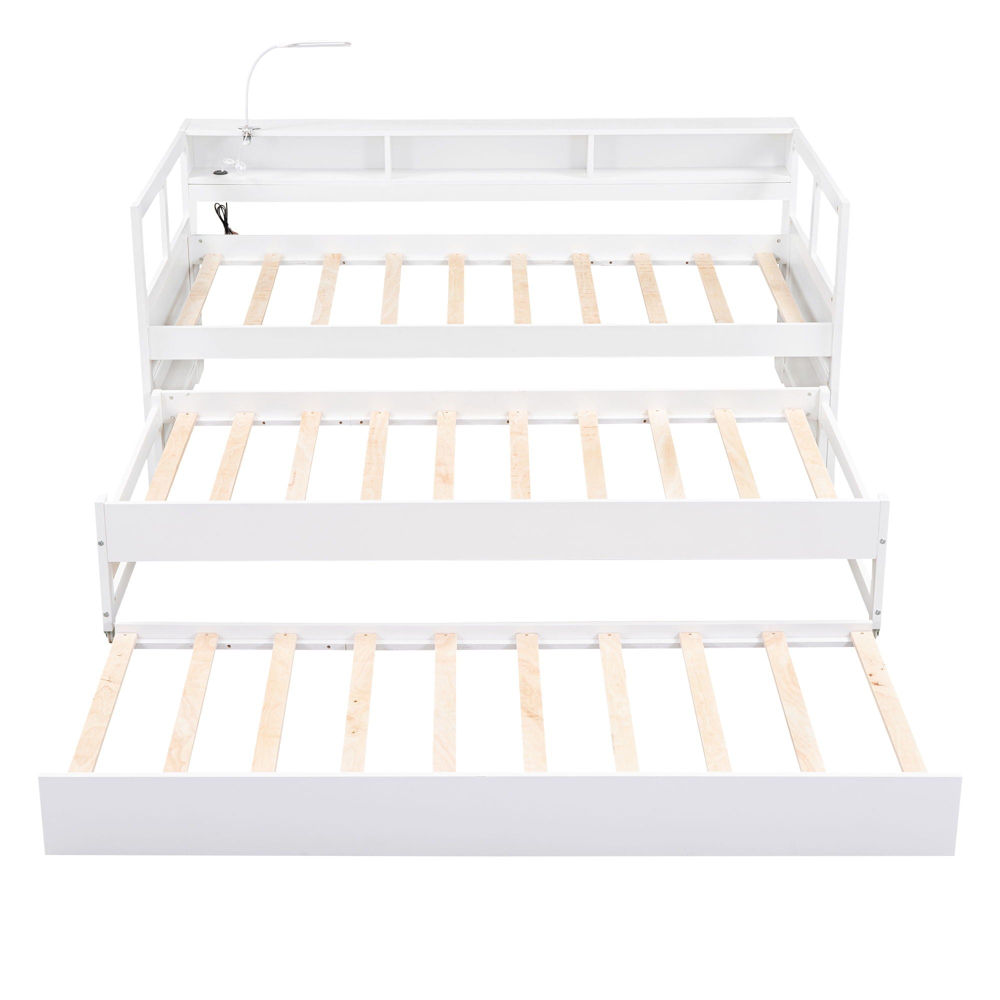 Daybed With 2 Trundles, 3 Storage Cubbies, Built In USB Charging Light by HouseOfZazla