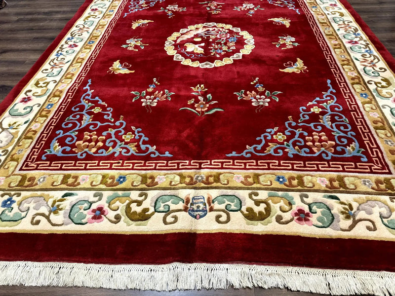 Indo Chinese Wool Rug 9x12, Red Art Deco Carpet, Vintage by Jewel Rugs