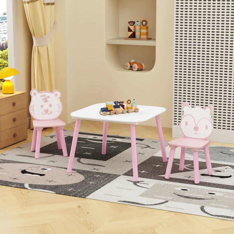 Table And Chair Set, 3 Piece Wooden Toddler Desk With Animal Backrest - Pink / White by HouseOfZazla