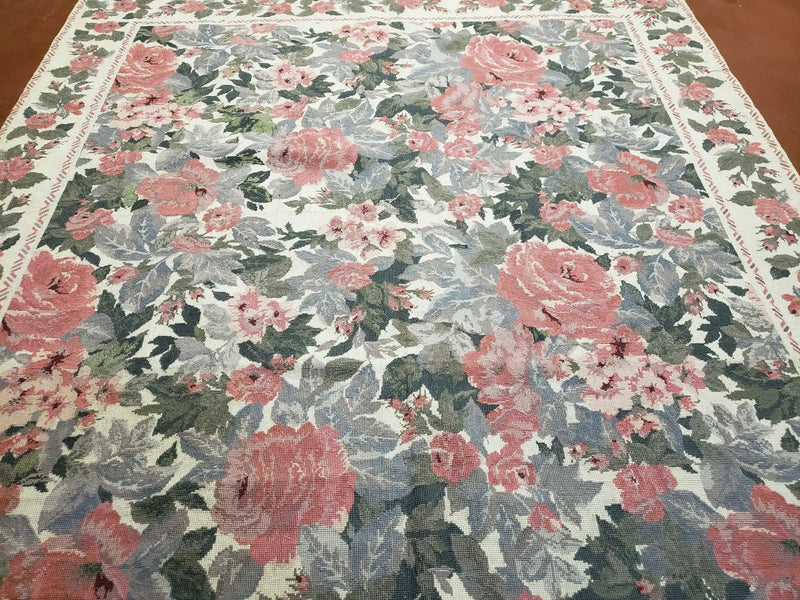 5x8 Needlepoint Rug 5' 4" x 8' 3" Wool Flat Weave Floral New Unused Carpet English Design Ivory Large Pink Flowers Green Leaves Hand-Knotted by Jewel Rugs