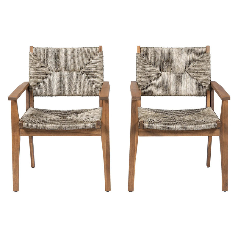 5-Piece Outdoor Dining Set: Brown Round Acacia Wood Table & 4 Brown Wicker Armchairs by HouseOfZazla