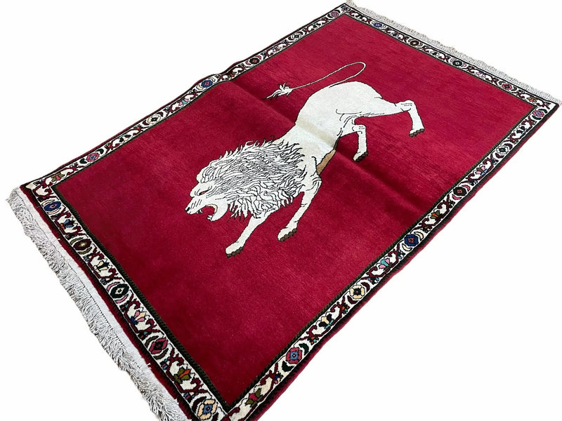 4 X 6 Handmade Hand-Knotted Quality Wool Rug Zagros Lion Red Ivory Tribal Rug by Jewel Rugs