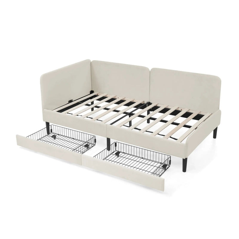 Upholstered Platform Bed Frame With 2 Storage Drawers And Adjustable Sofa Bed
