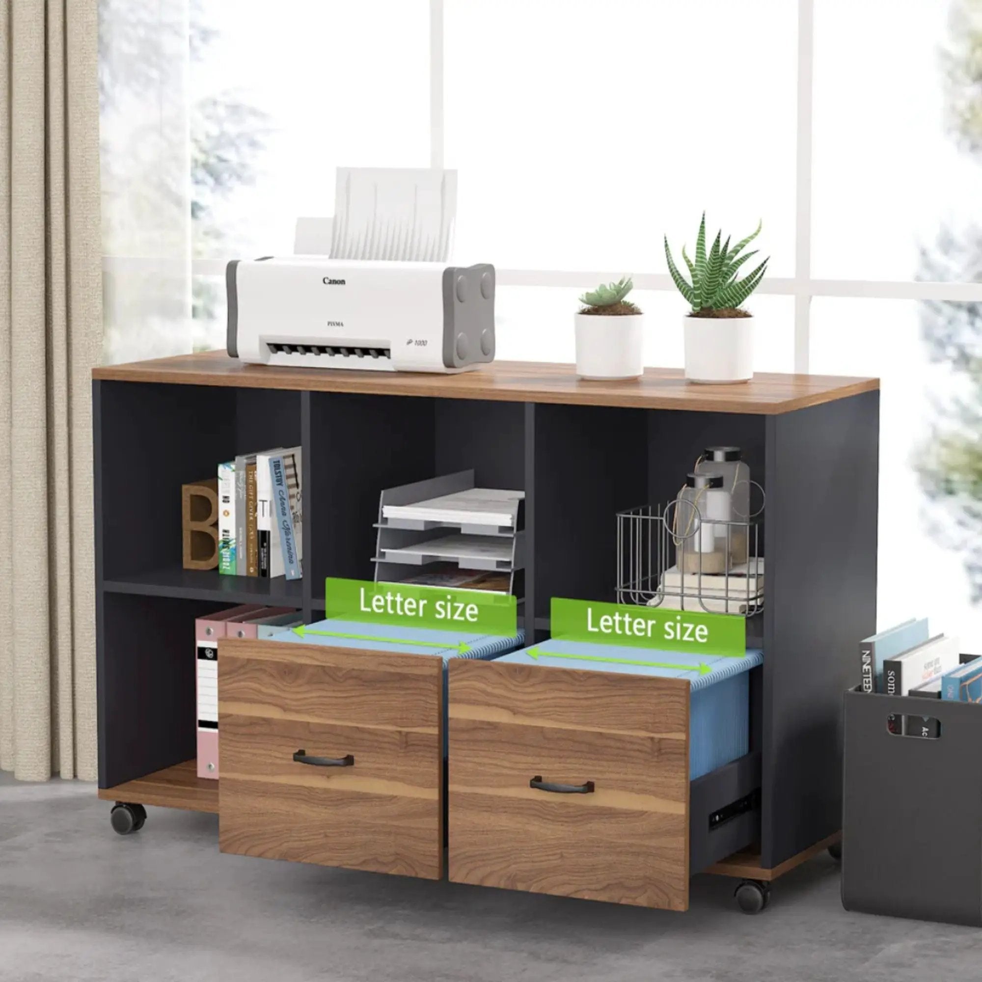 L-Shaped Executive Desk With Mobile File Cabinet, Large Home Office Workstation With Drawers And Shelves - Brown / Black by HouseOfZazla