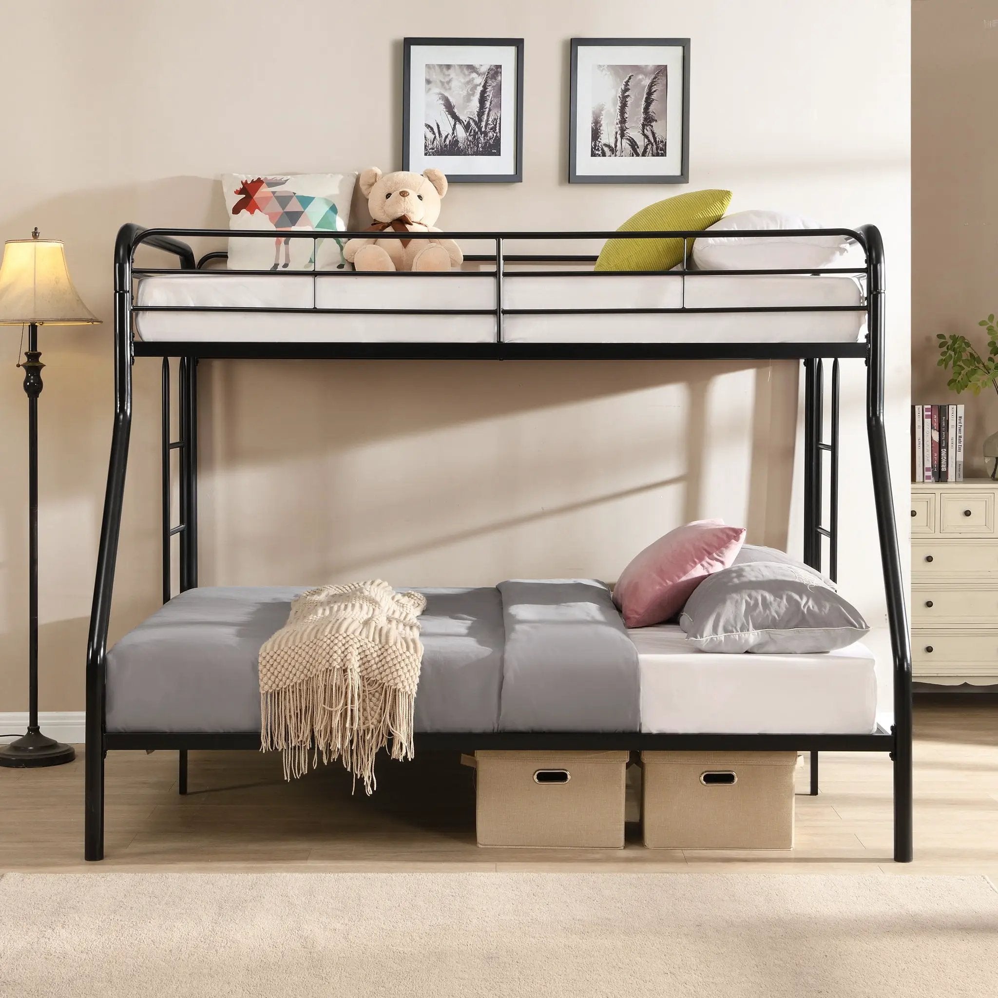 Modern Twin Over Full Metal Bunk Bed With Trundle And Dual Side Ladder And Metal Design - Black / Brown by Unique Piece Furniture