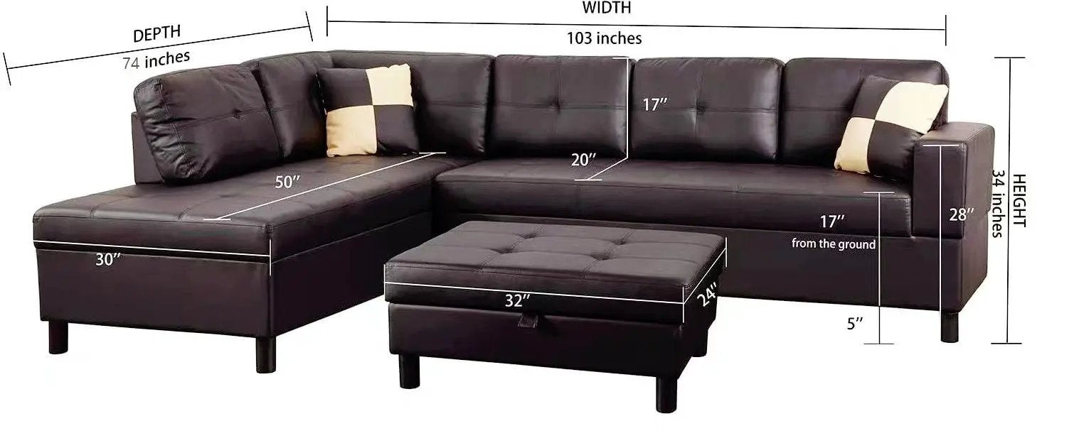3 Pc Sectional Sofa Set Brown Faux Leather Left-Facing Chaise by HouseOfZazla
