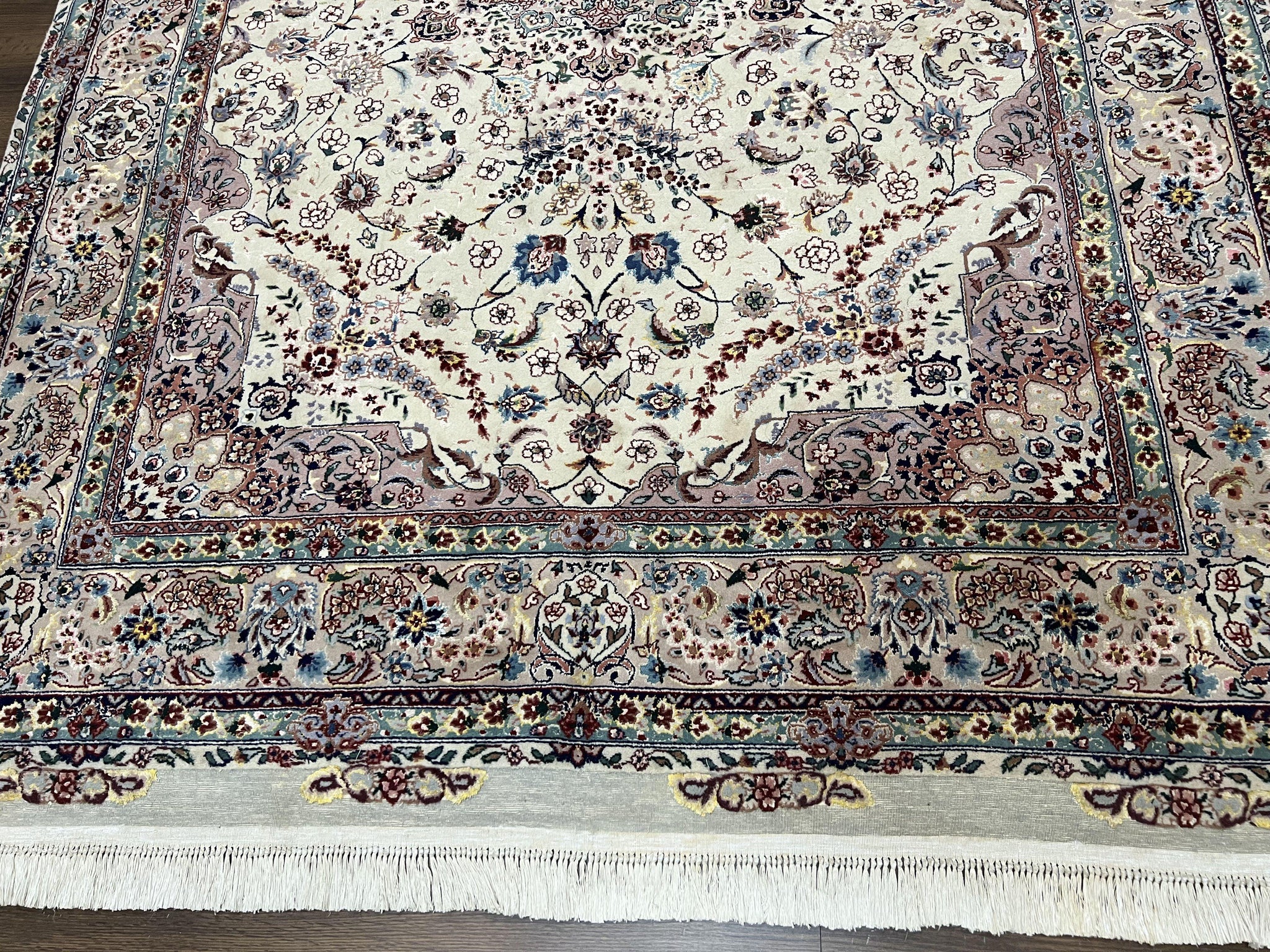 Beautiful Pak Persian Rug 6x9, Floral Medallion, Wool and Silk, Highly Detailed Elegant Carpet, Vintage Oriental Rug 6 x 9, Cream and Gray by Jewel Rugs