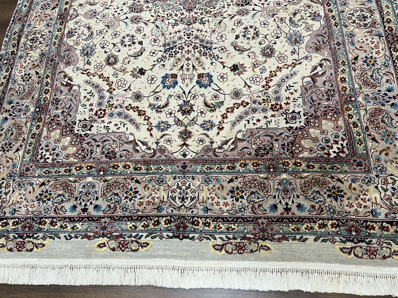 Beautiful Pak Persian Rug 6x9, Floral Medallion, Wool and Silk, Highly Detailed Elegant Carpet, Vintage Oriental Rug 6 x 9, Cream and Gray by Jewel Rugs