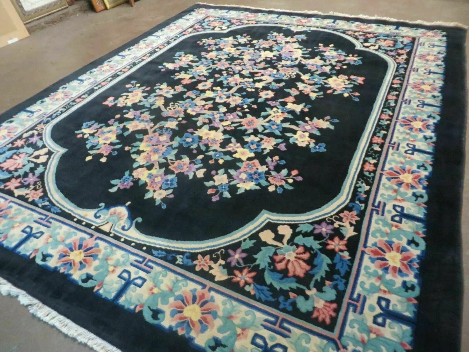 Black Chinese Wool Rug 8x10, Art Deco Floral Carpet, Soft Plush Pile by Jewel Rugs