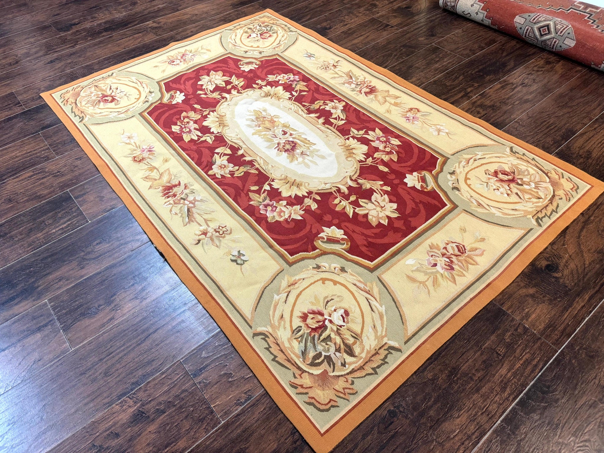 Aubusson Rug 4x6, Red, Floral, European Design, Vintage, Wool by Jewel Rugs