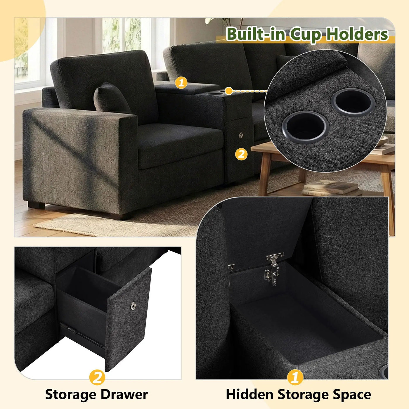 Modular 5 Seat U-Shape Sectional Sofa With Chaise Lounge, Built In Cup Holders And Storage Drawer by HouseOfZazla