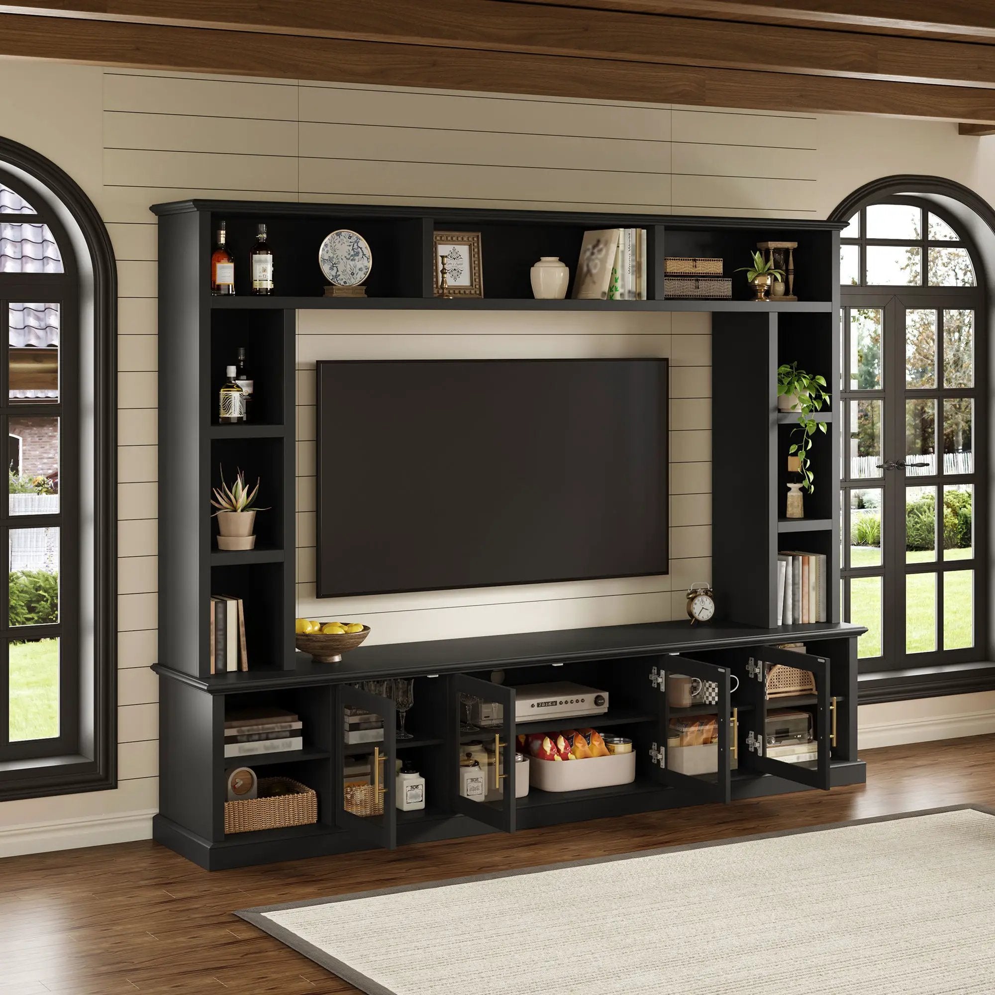 All-In-One Entertainment Center With Bookshelves & Tempered Glass Doors, TV Console Unit For Living Room by Unique Piece Furniture