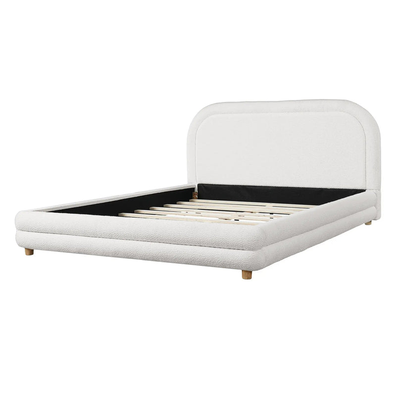Queen Size Bed Frame With Boucle Upholstered Thick Curved Headboard, Solid Wood Legs by HouseOfZazla