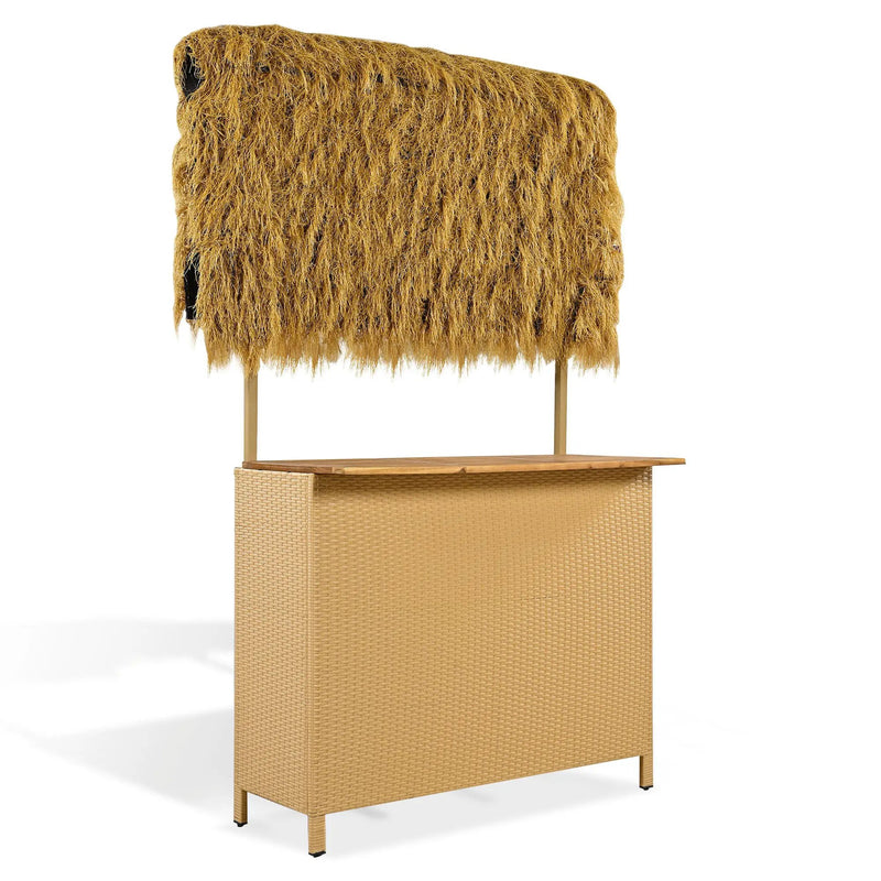 Hawaiian-Style Bar Height Patio Set With PE Grass Canopy, Outdoor Bar Table And Stools With Adjustable Feet, Acacia Wood Top, For Dining And Drinking - Natural by Unique Piece Furniture