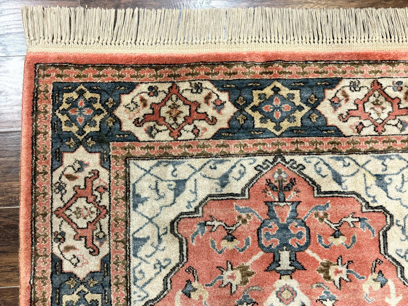 Karastan Rug 4x6 Bergama Design #737, Karastan Area Rug, Vintage Wool Karastan Carpet, Original Collection 700 Series, Salmon Red Light Blue by Jewel Rugs