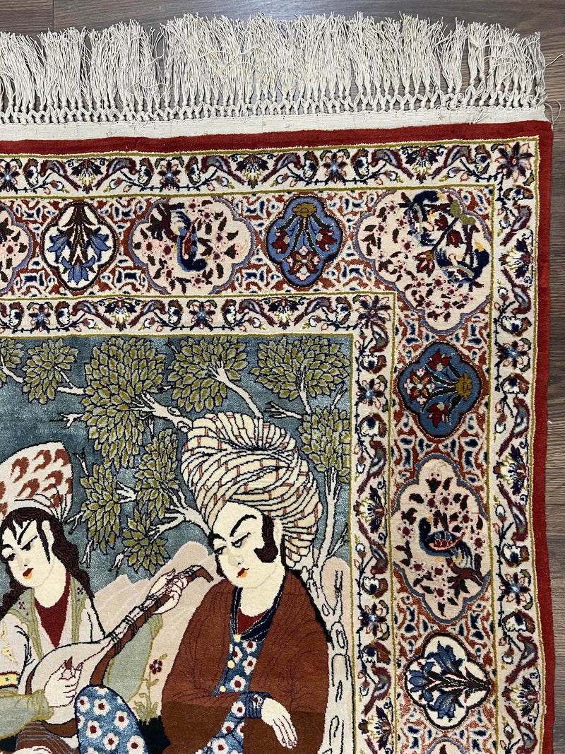 Persian Pictorial Rug 5 x 4 ft, Persian Isfahan Rug, Kork Wool on Silk Foundation, Signature from Master Weaver, Drums and Musical Instruments, Birds, Detailed by Jewel Rugs