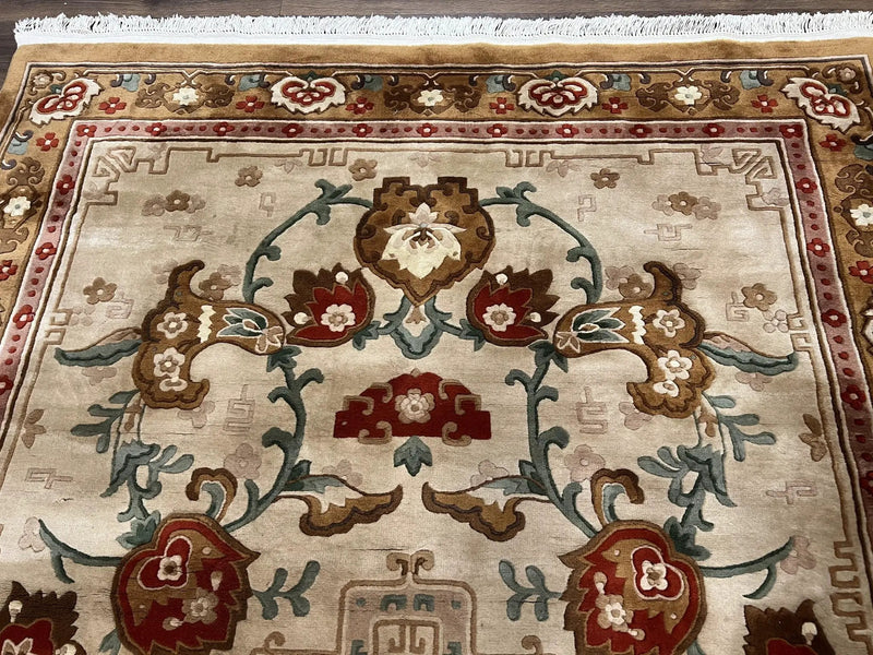 Chinese Wool Rug 5.9 x 9, Tan and Brown Asian Art Deco Carpet, Vintage 1960s Oriental Rug, Hand-Knotted Rug, Soft Wool, Medallion, Pair B by Jewel Rugs