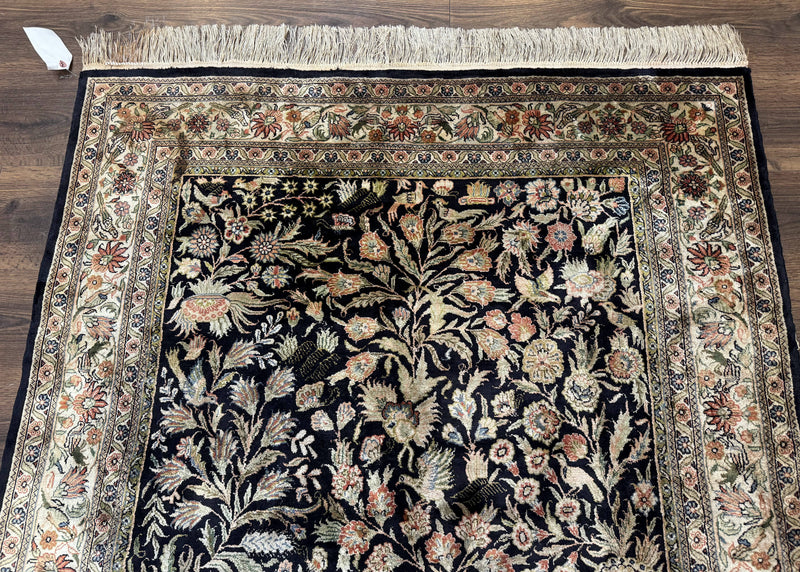 Silk Rug 4x6, Black and Cream, Floral & Bird Pictorials, Fine 330 KPSI, Sino Persian Rug by Jewel Rugs