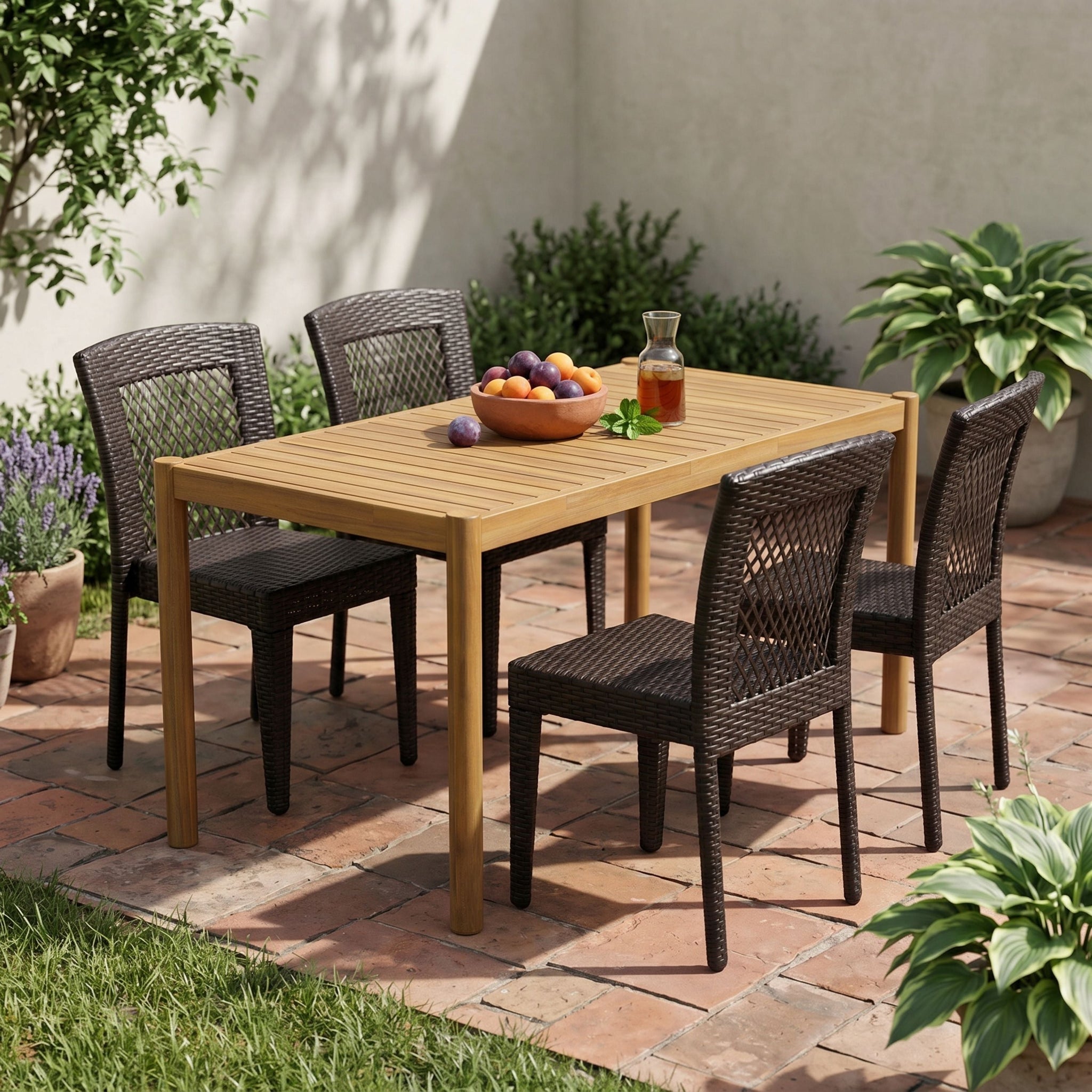5-Piece Outdoor Dining Set, Acacia Wood Rectangular Patio Table & 4 PE Rattan Iron Frame Dining Chairs by HouseOfZazla