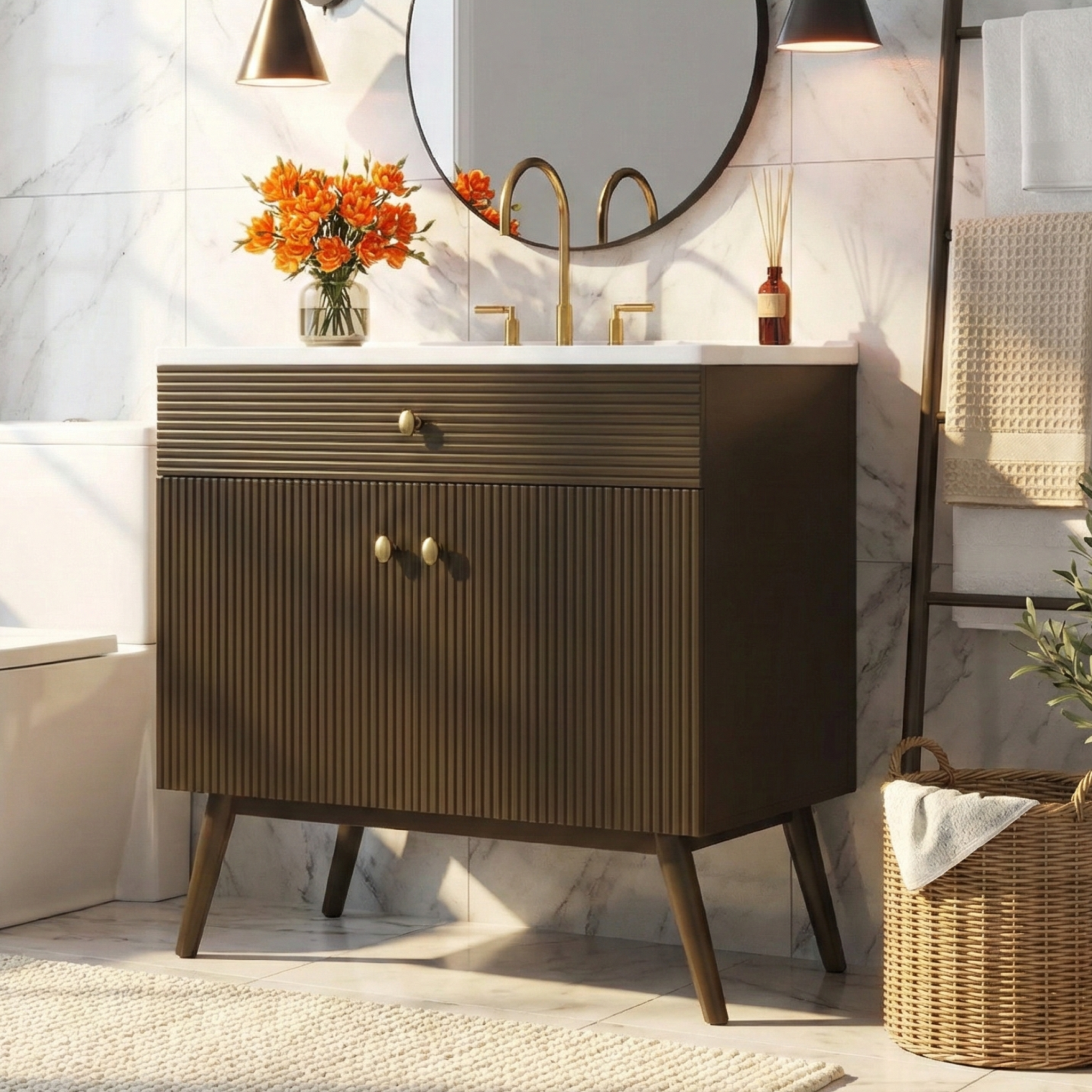 36" Luxury Striped Bathroom Vanity, Soft-Close Dual-Door Storage & Premium Ceramic Sink by HouseOfZazla