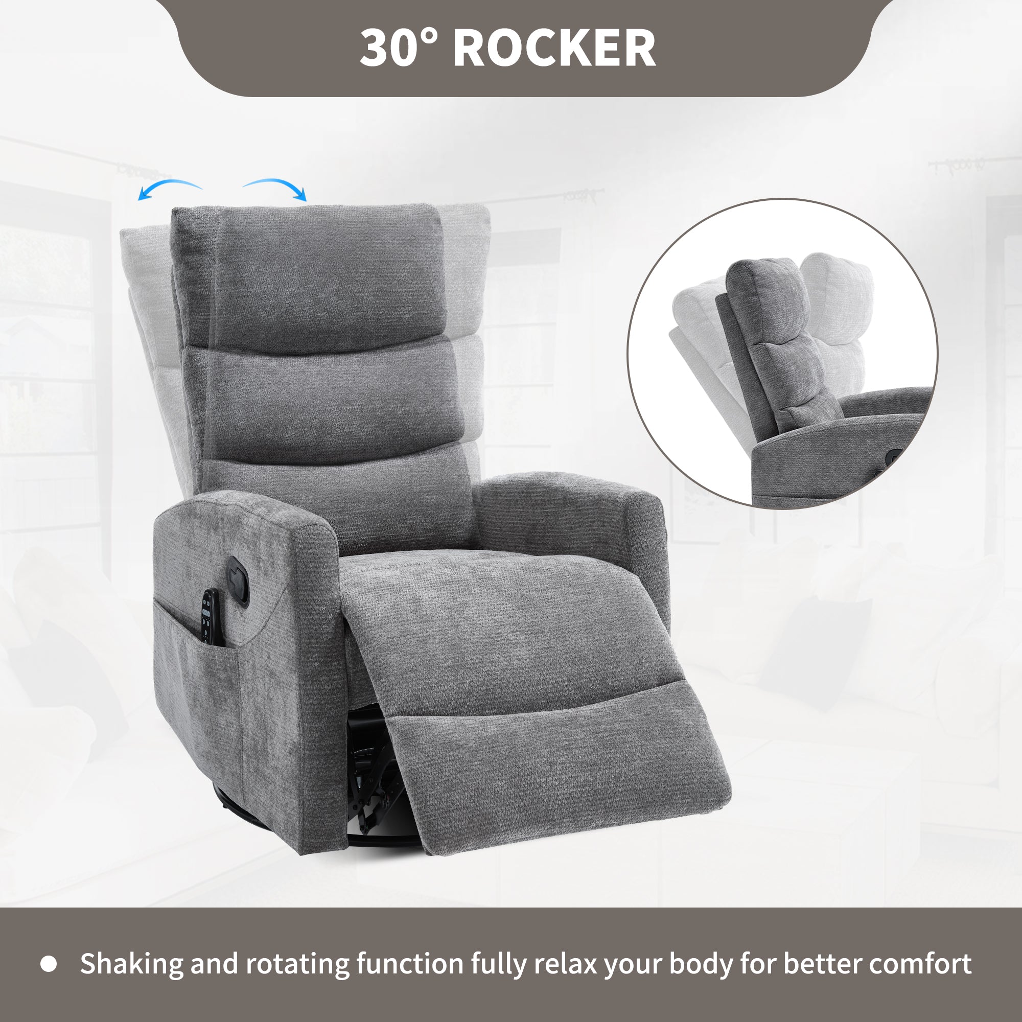 Heat Massage Manual Recliner Chair with Rocker and Swivel in Fabric by HouseOfZazla