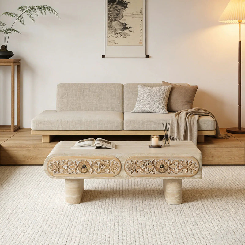 Rounded Edge Coffee Table with Flower Pattern Solid Wood Drawer by HouseOfZazla