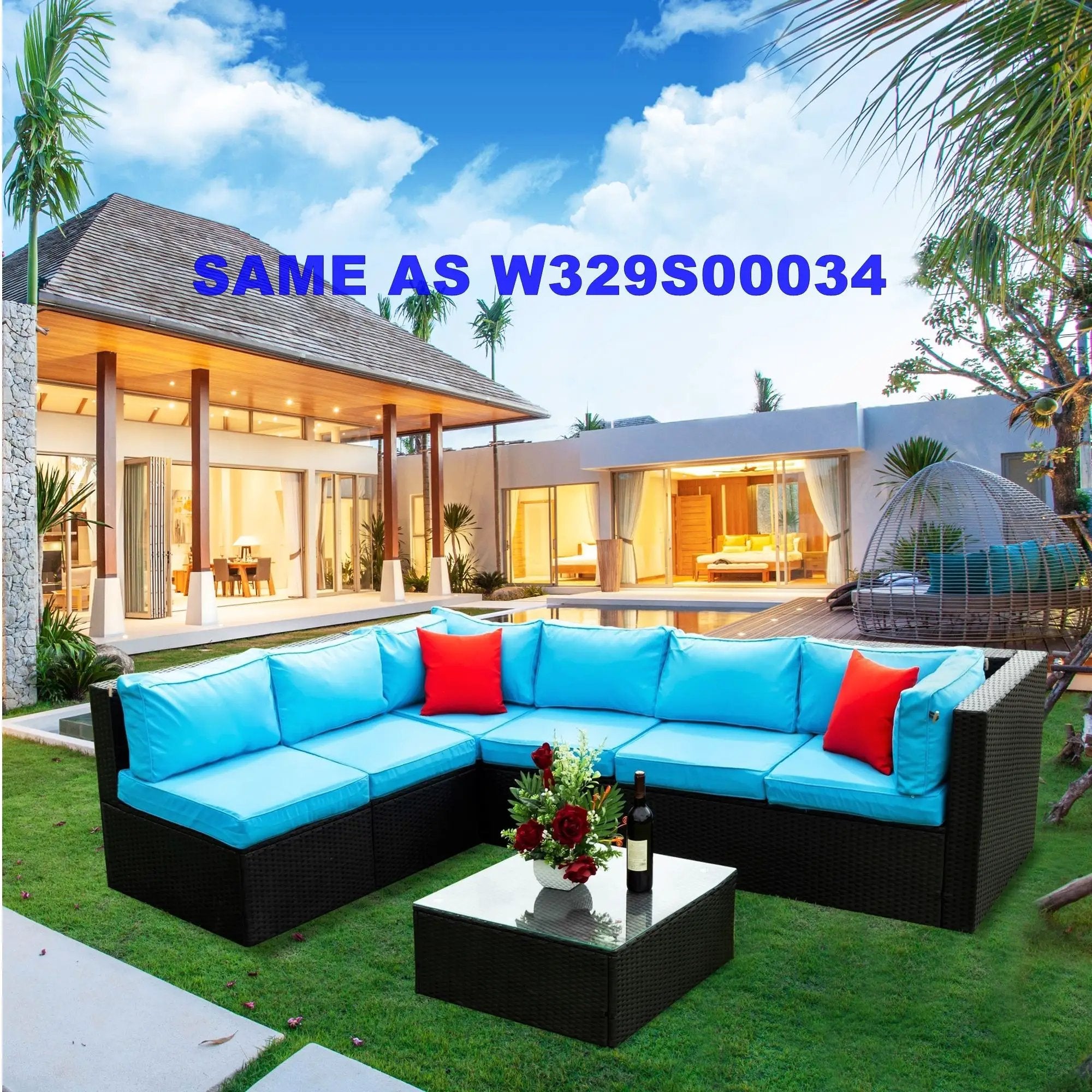 5 Pieces Rattan Sectional Outdoor Furniture Cushioned U Sof Set With 2 Pillow - Black / Blue by HouseOfZazla