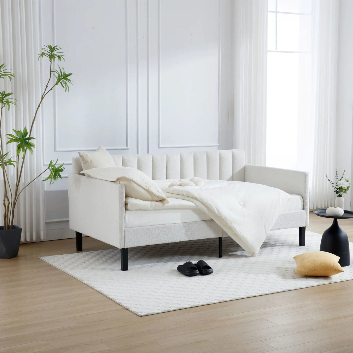 Elena - Boucle Upholstered Daybed, Ribbed Tufted Backrest by HouseOfZazla