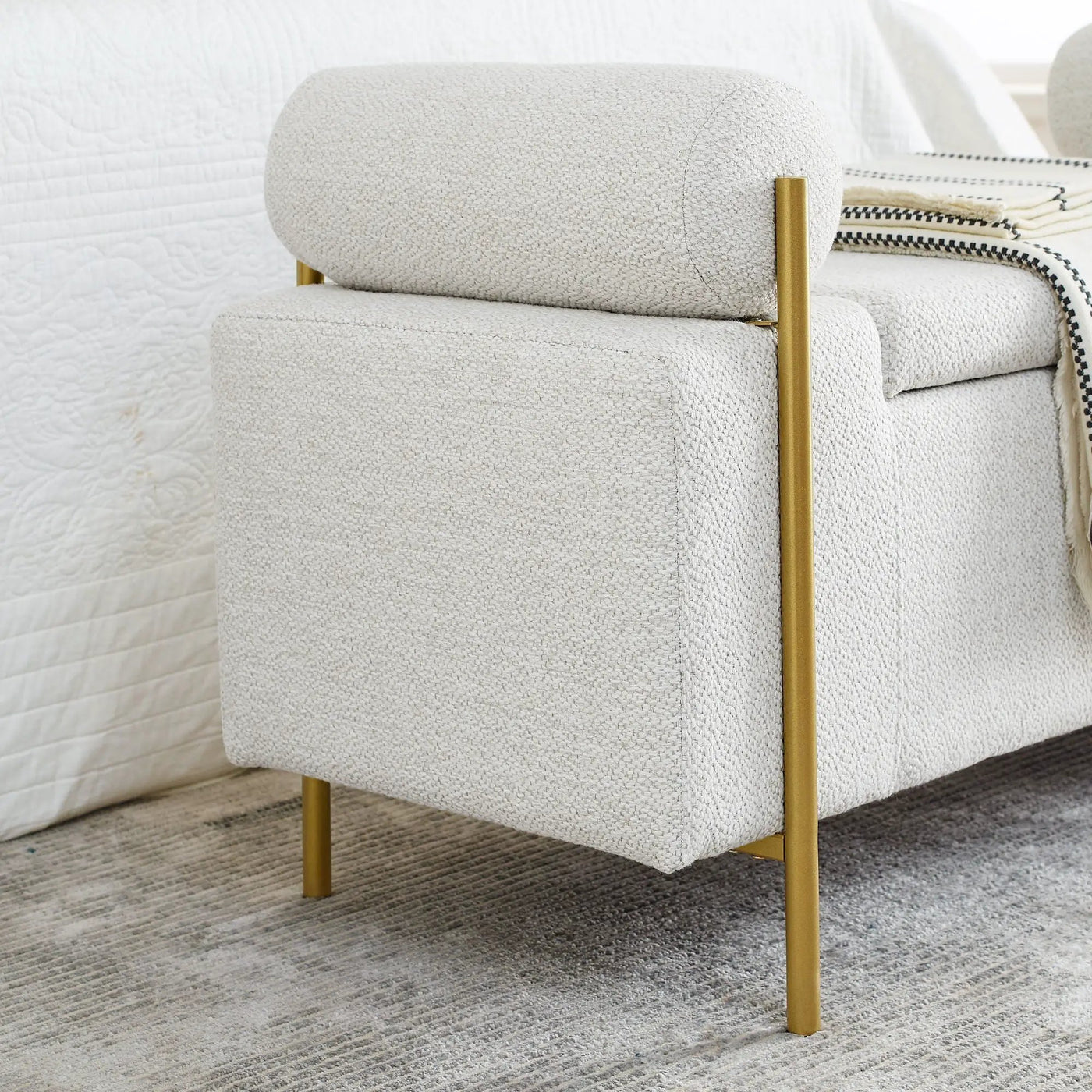 Elegant Upholstered Storage Bench With Cylindrical Arms And Iron Legs, by HouseOfZazla