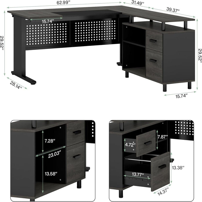 L-Shaped Executive Desk With File Cabinet, Office Workstation With Drawers, Shelves & Storage by HouseOfZazla