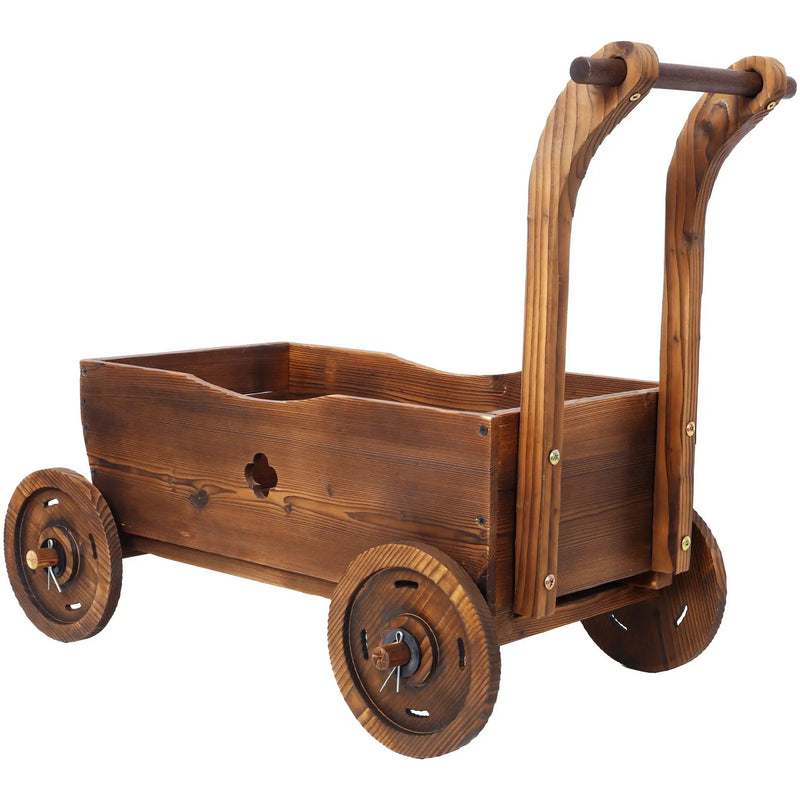 Wooden Wagon Planter Box Mobile Garden Planter With Wheels Handle Drain Hole Wood - Brown by Unique Piece Furniture