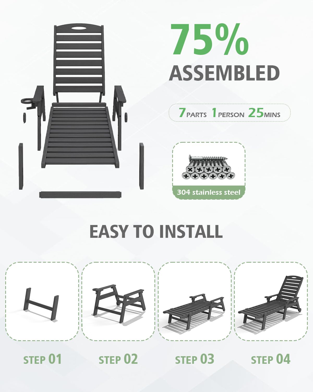 HDPE Patio Lounge Chair with Reclining Backrest - Outdoor, photo 3 of 9