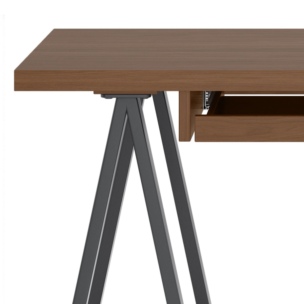 Handcrafted Solid Writing Desk with Sawhorse Metal Supports - Dark Brown, photo 9 of 13