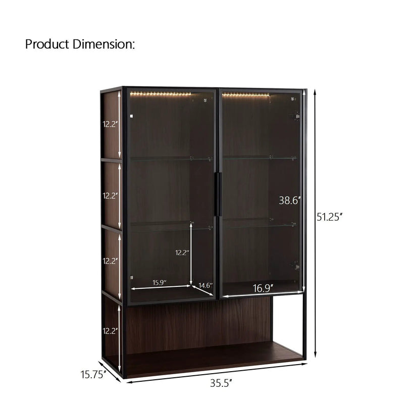 Modern Minimalist Tall Lighted Display Cabinet With Tempered Glass Door - Black / Dark Walnut by Unique Piece Furniture