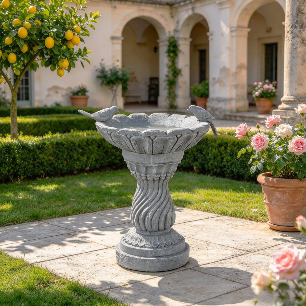 Magnesium Oxide Garden Bird Bath Statue with Vintage Pedestal - Grey, photo 8 of 10