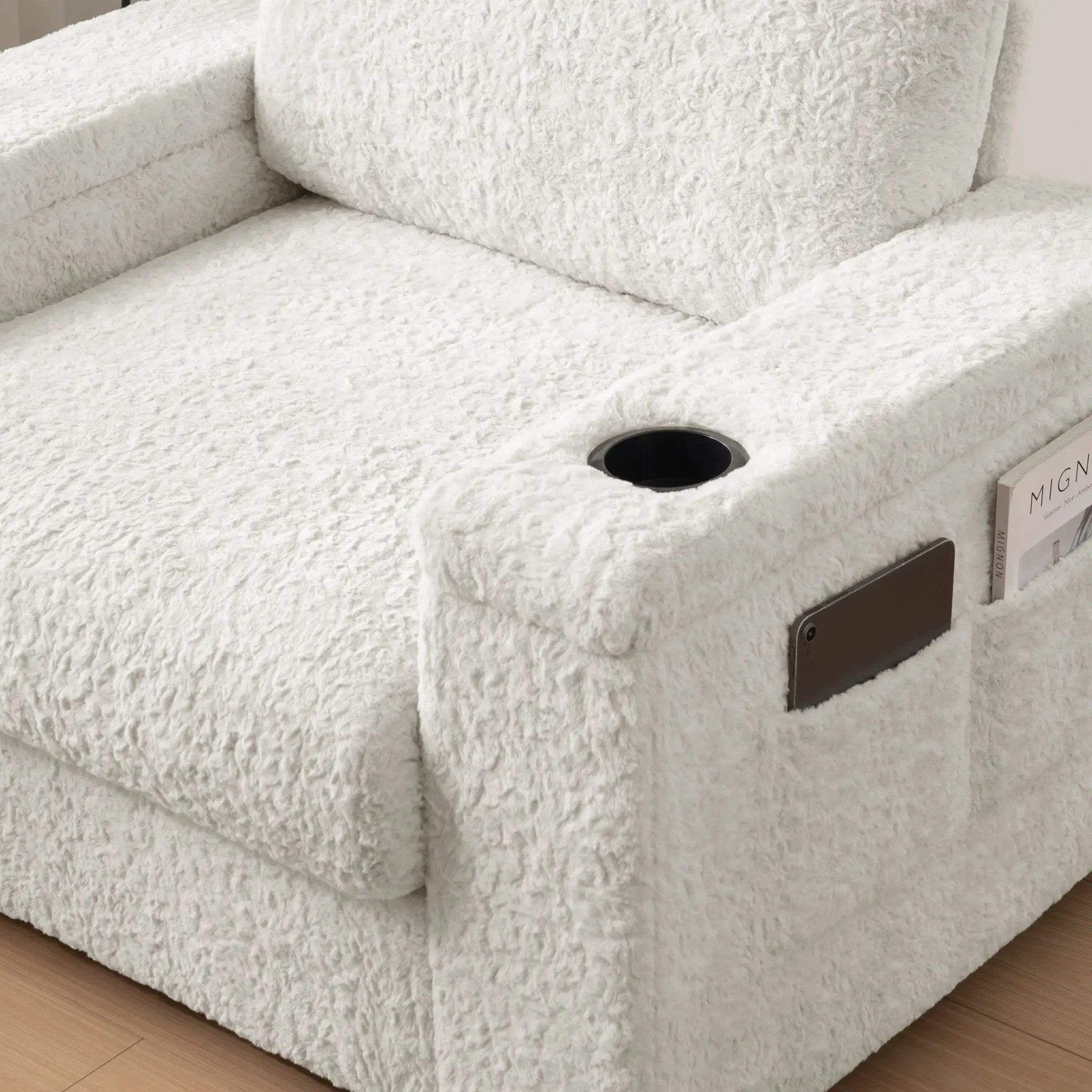 Oversized Chaise Lounge Indoor Rabbit Fur Sofa Bed With Storage Ottoman And Armrests Cup Holders With Deep Seat by HouseOfZazla