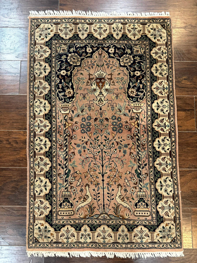 Small Tree of Life Prayer Rug, Pak Persian Rug 2.7 x 4, , Birds, Lantern, Handmade Vintage Fine 260 KPSI by Jewel Rugs