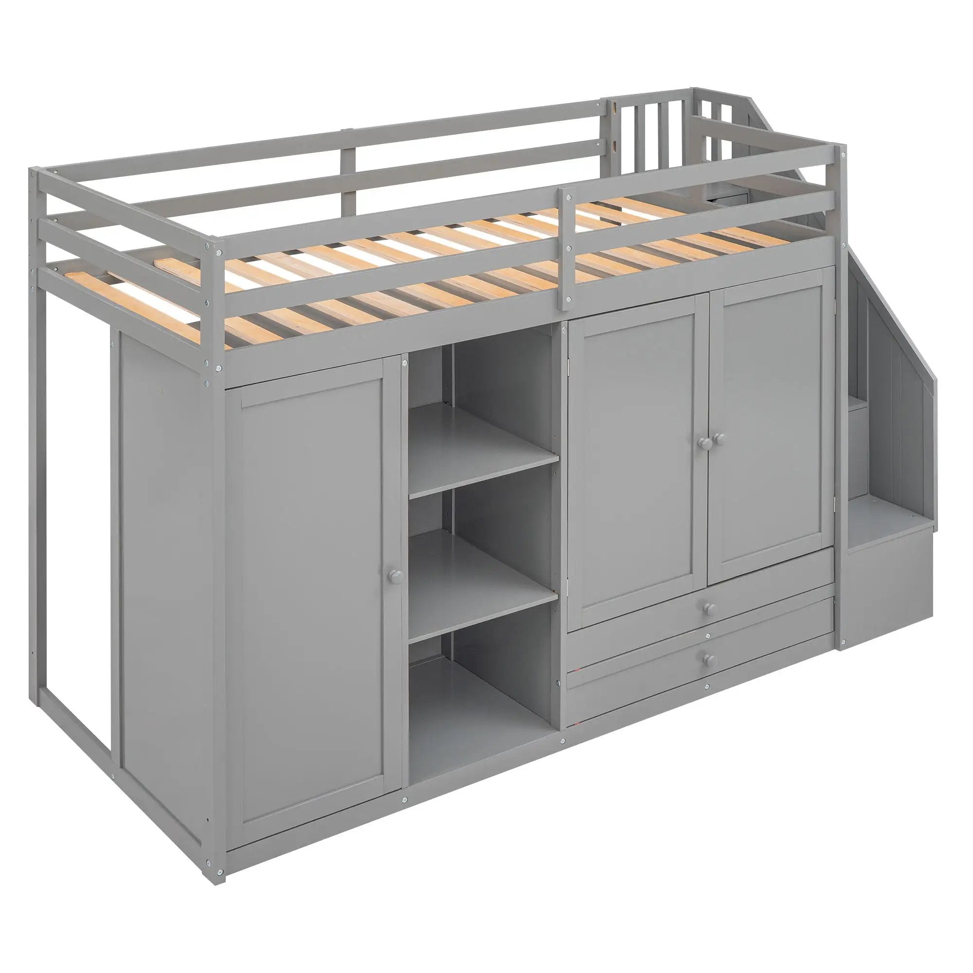 Loft Bed With 3 Shelves, 2 Wardrobes, 2 Drawers, Ladder Storage by HouseOfZazla