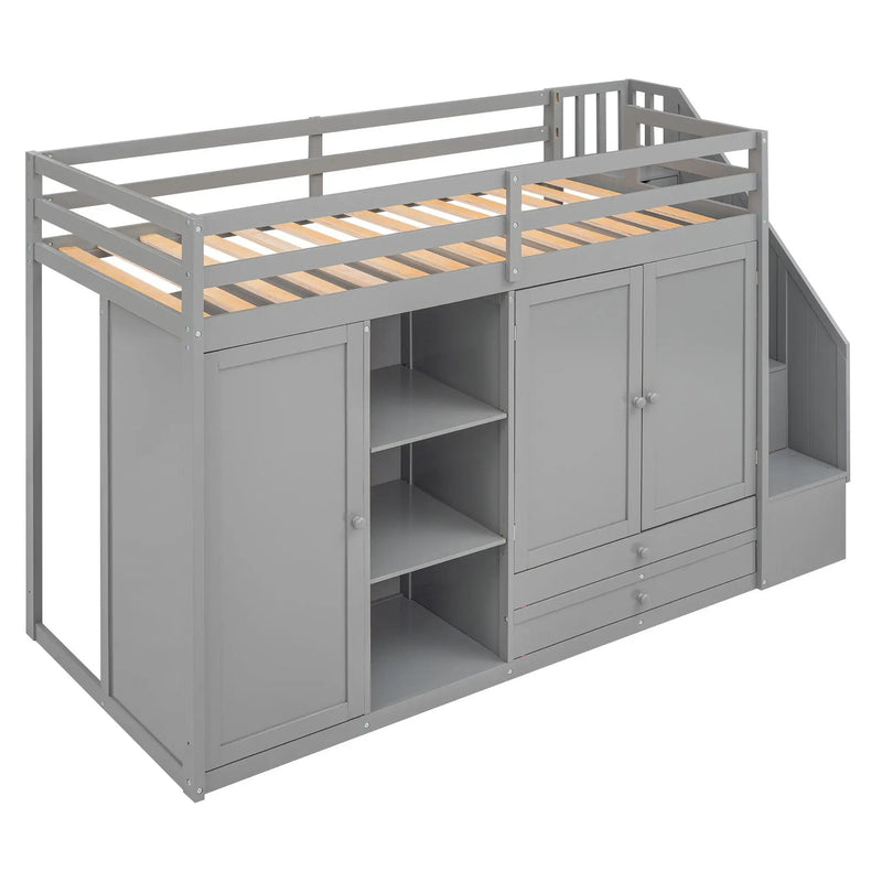 Loft Bed With 3 Shelves, 2 Wardrobes, 2 Drawers, Ladder Storage by HouseOfZazla