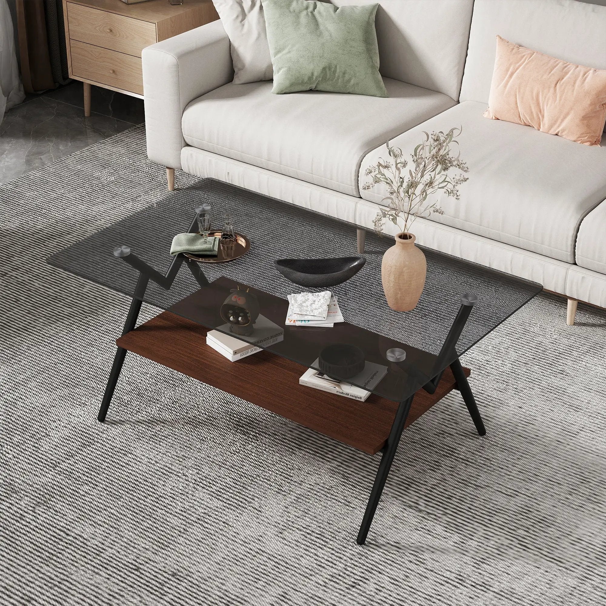 Rectangle Coffee Table With Tempered Glass Top And Shelf, Modern Table For Living Room by Unique Piece Furniture