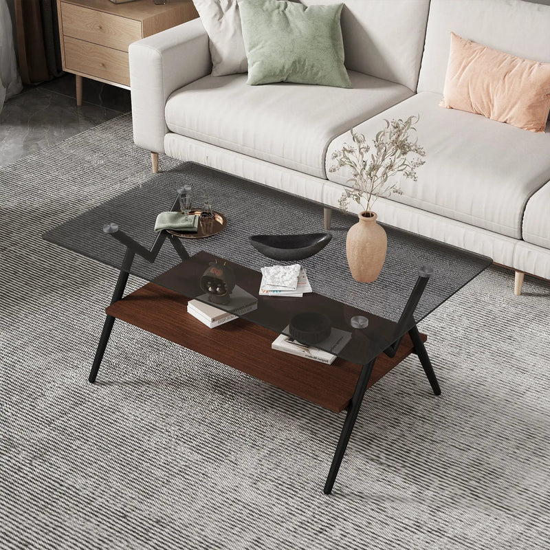 Rectangle Coffee Table With Tempered Glass Top And Shelf, Modern Table For Living Room by Unique Piece Furniture