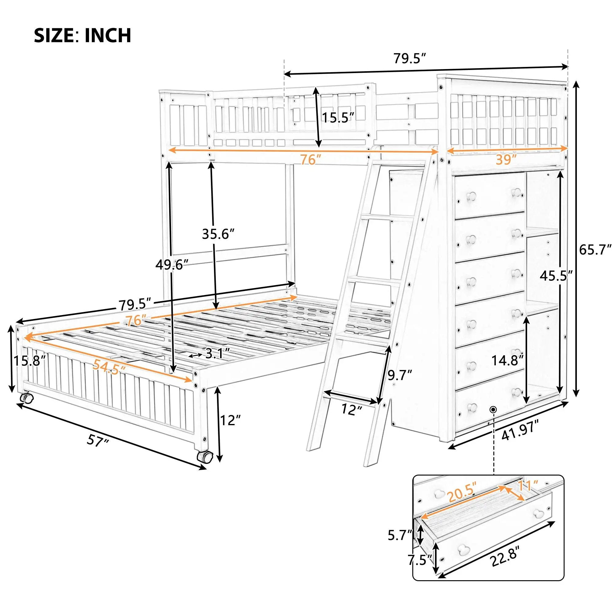 Bunk Bed With 6 Drawers And Flexible Shelves, Bottom Bed With Wheels by Unique Piece Furniture