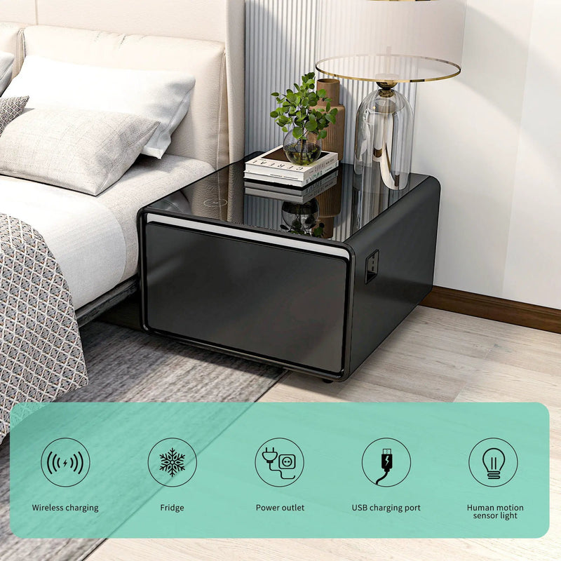 Modern Smart Side Table With Built-In Fridge, Wireless Charging, Temperature Control, Power Socket, USB Ports, Outlet Protection, Induction Light by Unique Piece Furniture