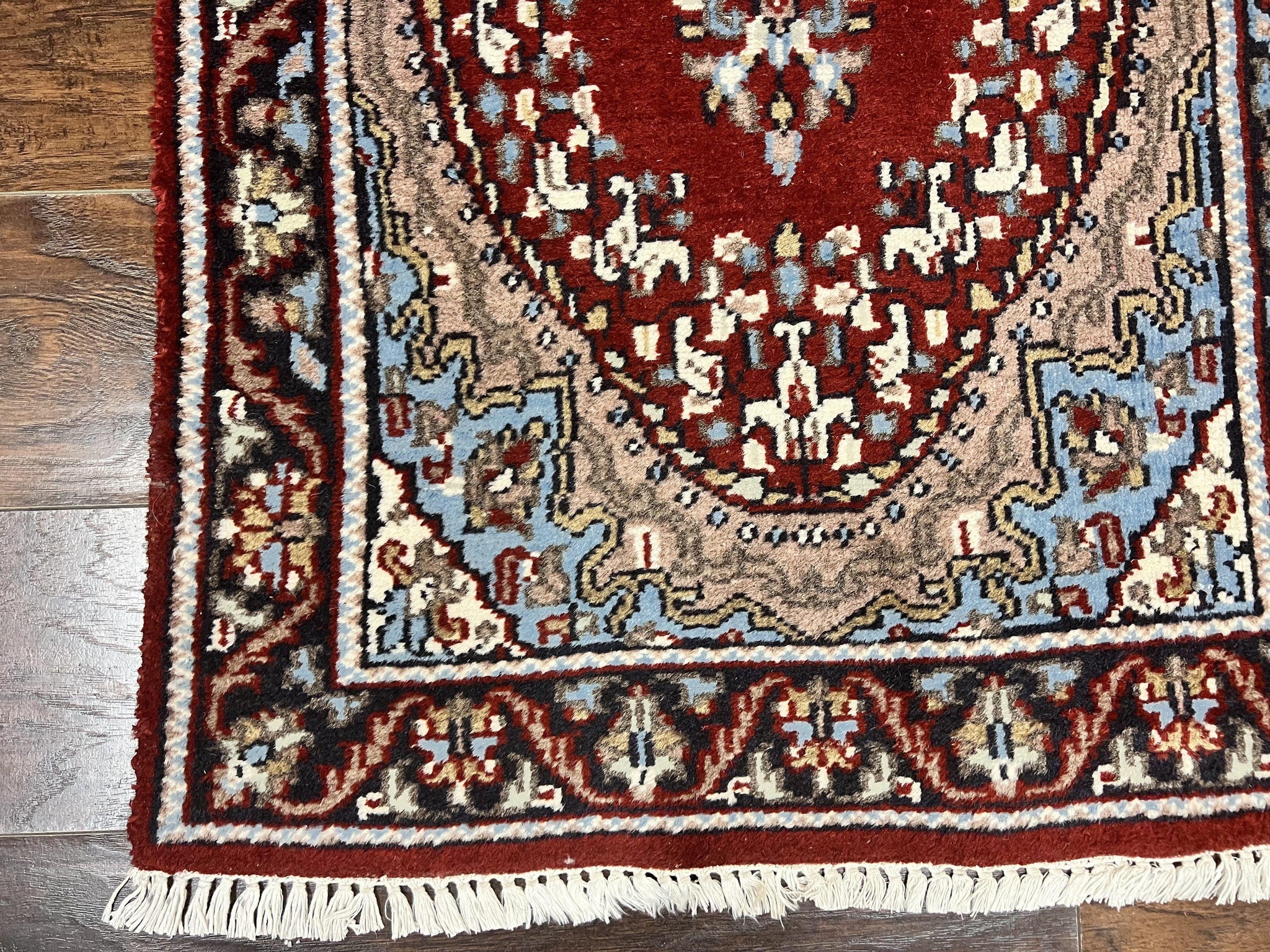Indo Persian Runner Rug 2.8 x 14.8, Long Indo Kirman Hallway Rug, Red Floral Wool Vintage Handmade Oriental Runner by Jewel Rugs