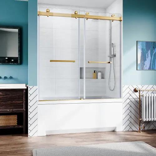 Brushed Gold Frameless Bathtub Door by HouseOfZazla