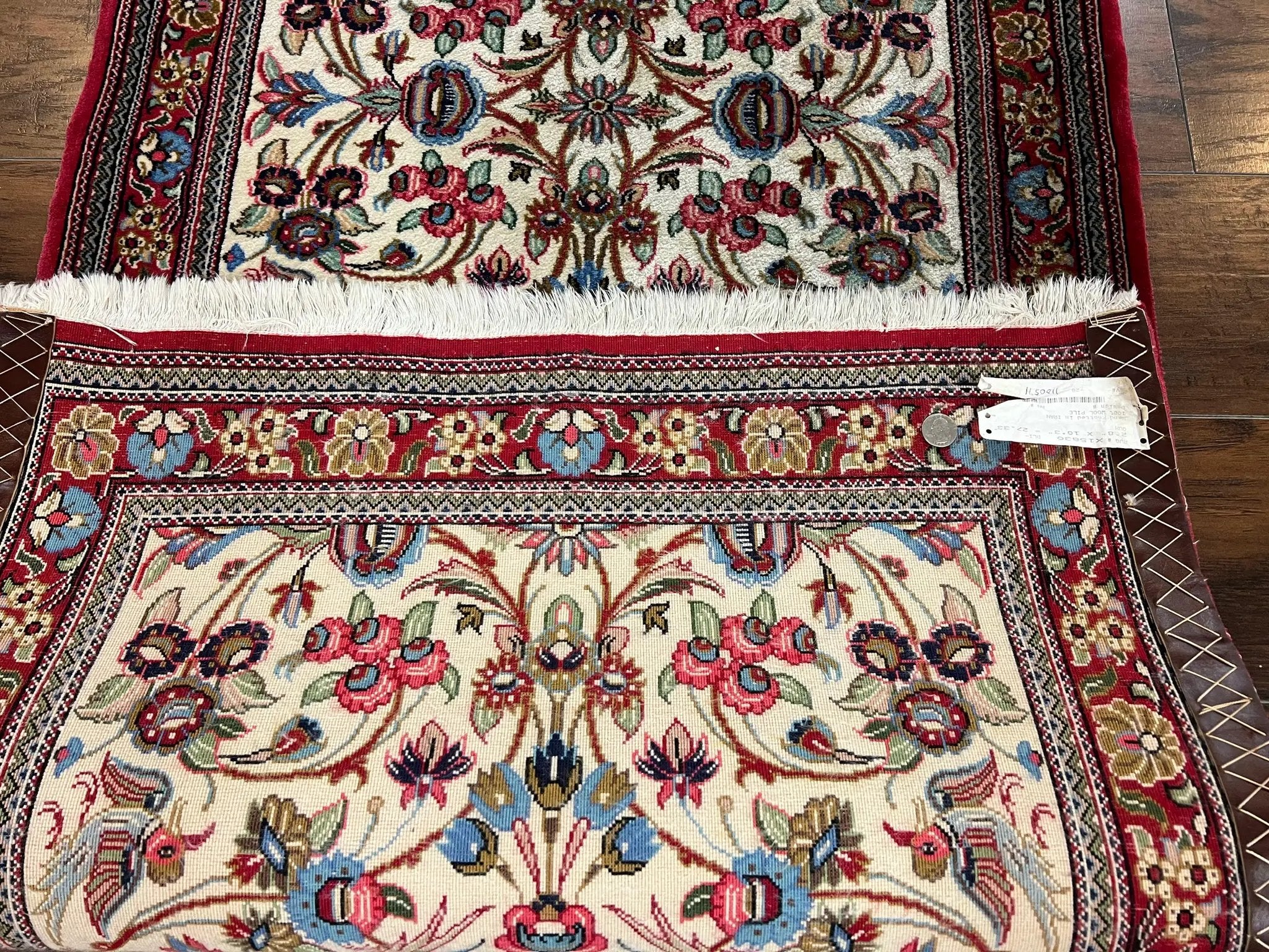 Wonderful Persian Qum Runner Rug 2.8 x 10 ft, Floral Medallions with Bird Motifs, Hand Knotted Wool Fine Oriental 10ft Hallway Runner, Cream Red by Jewel Rugs