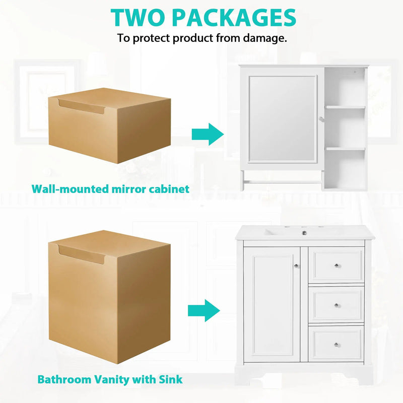 Bathroom Vanity With Sink, Modern Elegant Bathroom Storage Cabinet With 3 Drawers And Adjustable Shelves, Freestanding Vanity Set With Mirror Cabinet, Single Sink Bathroom Vanity by HouseOfZazla