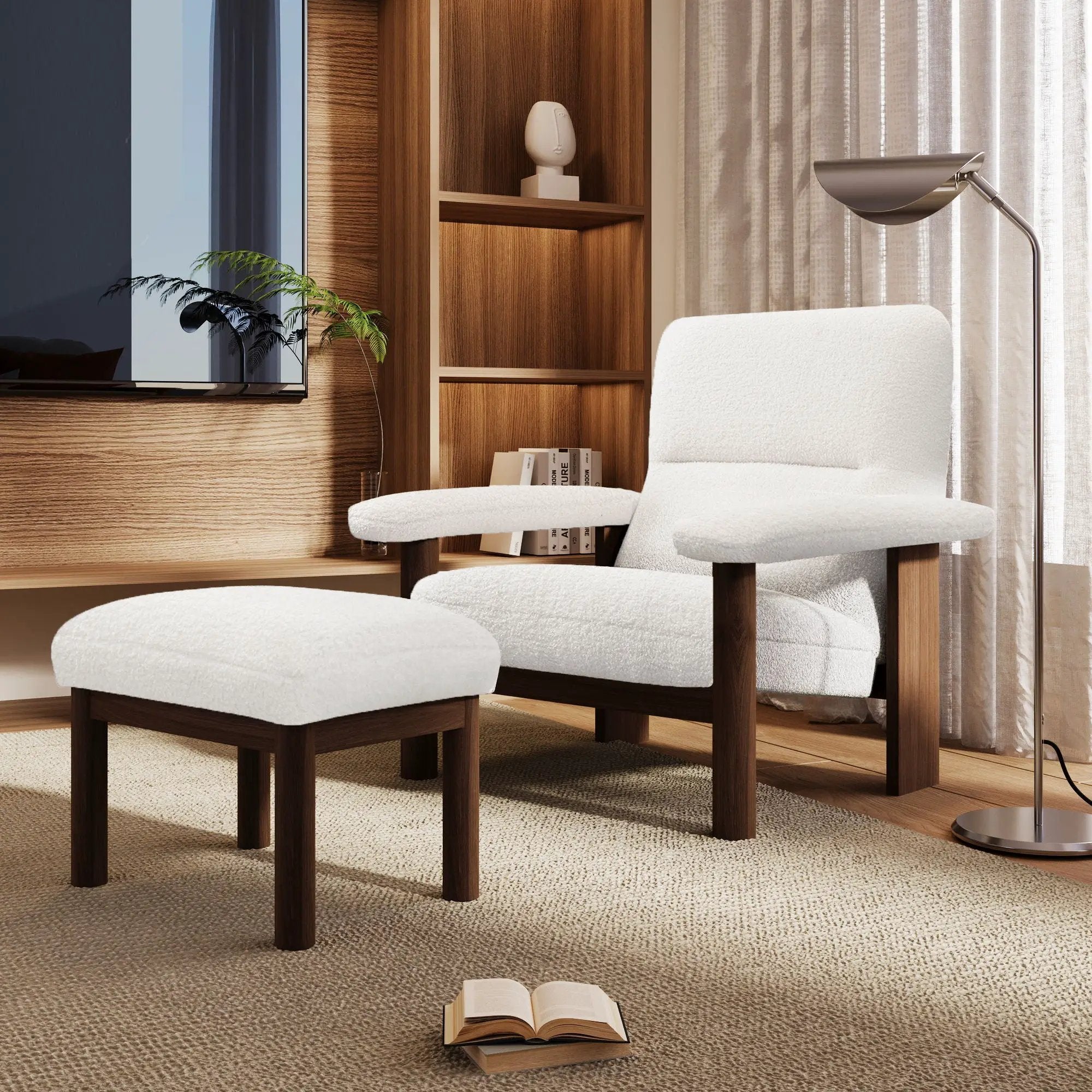 Modern Accent Chair With Ottoman, Mid Century Lounge Chair With Footrest, Comfy Fabric Armchair Upholstered Set With Solid Wood Frame For Living Room - White by HouseOfZazla