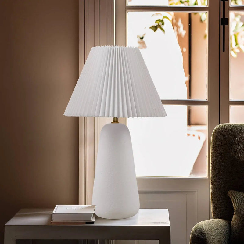 Textured Ceramic Table Lamp with Fluted Fabric Shade - White by HouseOfZazla
