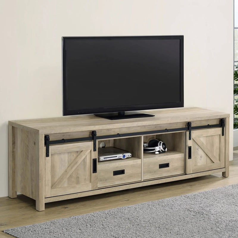 Madra 2-door Engineered Wood 79-inch TV Stand Distressed Pine by Unique Piece Furniture